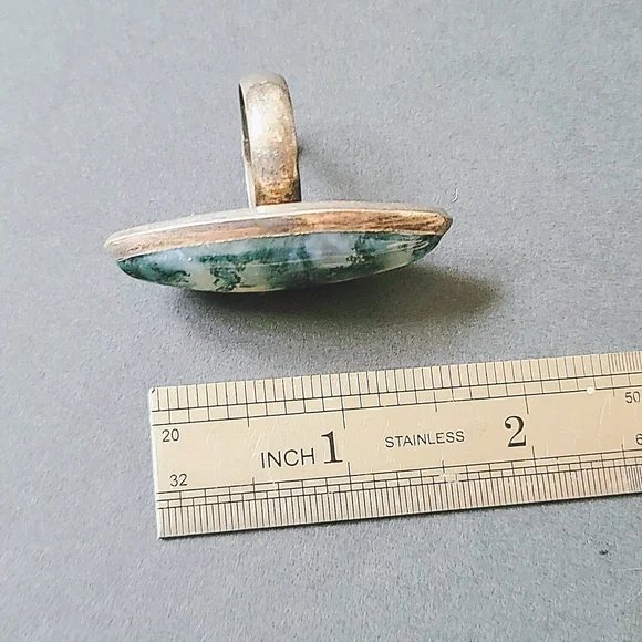Large Sterling Silver Moss Agate Ring, Vintage - Picture 4 of 5